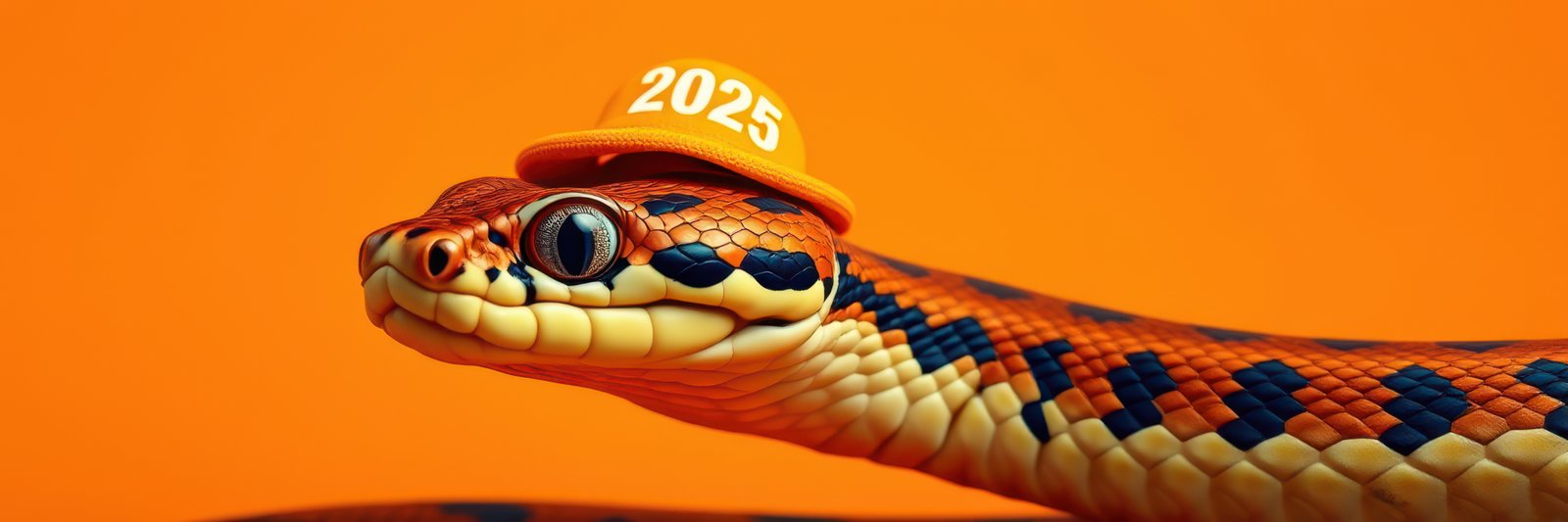 Unique snake wearing a bright orange hat decorated with the year 2025 against a vibrant orange background